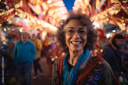 Portrait of a happy woman with curly hair and eyeglasses at the fair