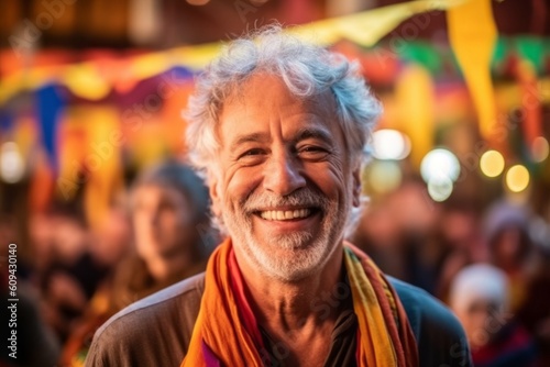 Portrait of happy senior man with colorful scarf in the street.