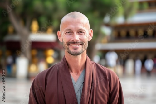 Portrait of a smiling buddhist monk standing in the temple
