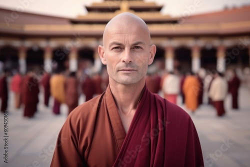 Portrait of a Buddhist monk in front of a Buddhist temple.