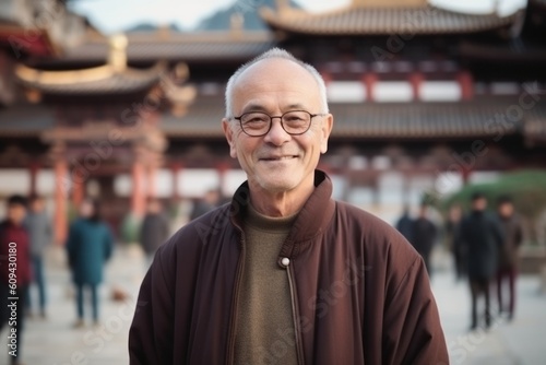 Portrait of an old man with a smile at the temple.