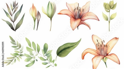 watercolor lily flowers and green leaves. Botanical design elements set, bohemian floral clip art collection, isolated on white background, Generative AI