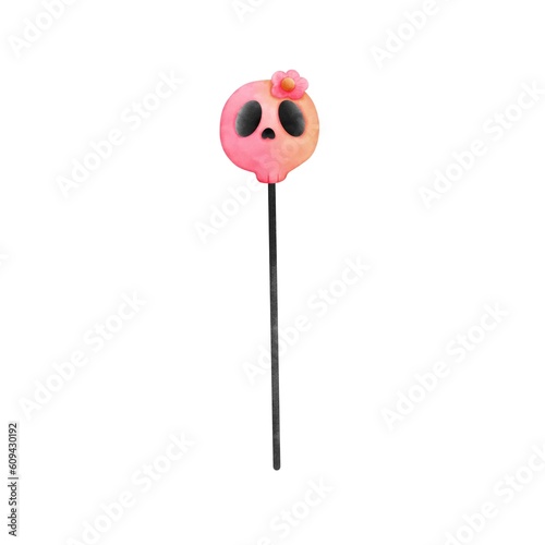 Watercolor cute skull with pink flower walking stick illustration isolated on white background.