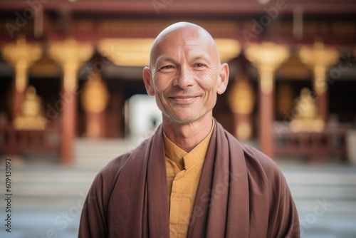 Portrait of a smiling buddhist monk standing in the temple © Robert MEYNER