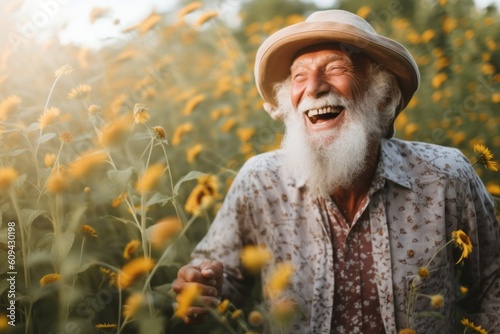 Portrait of senior man with white beard in sunflower field.