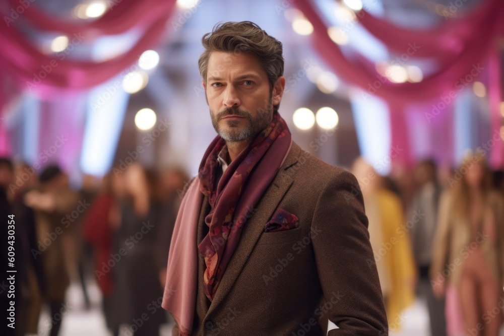 Portrait of a handsome middle-aged man in a coat and scarf on the background of a fashion show