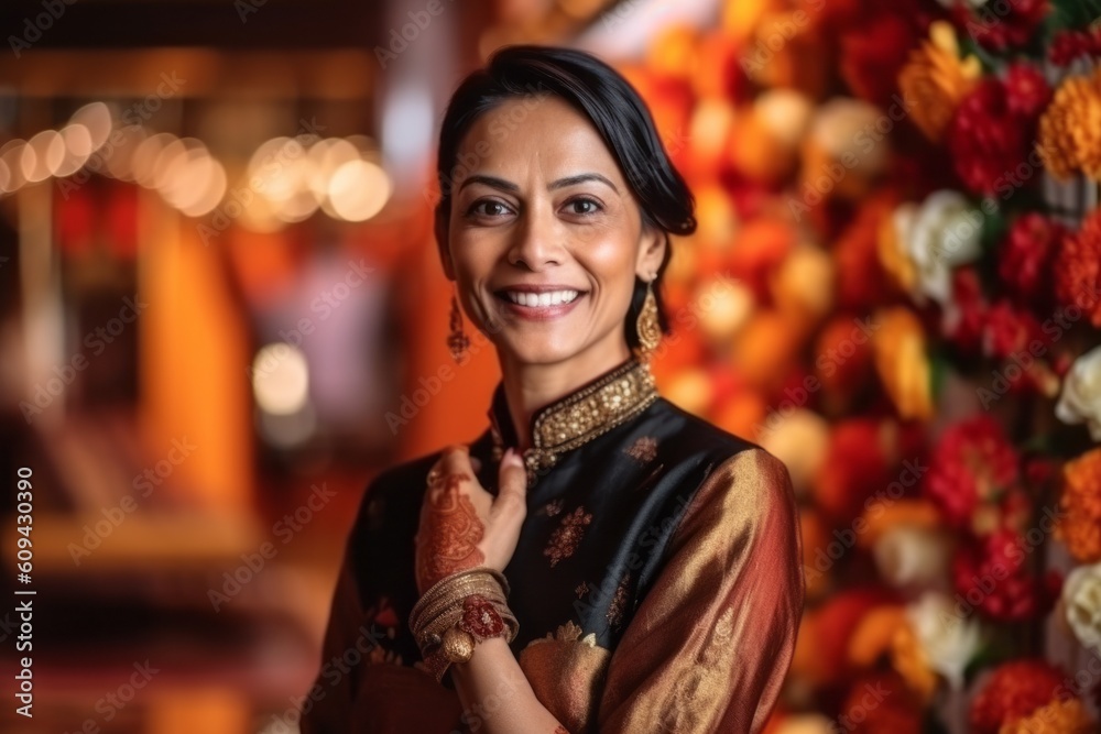 Portrait of a beautiful indian woman in traditional clothing smiling at ...