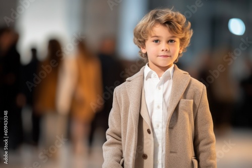 Medium shot portrait photography of a satisfied child male that is wearing a chic cardigan against an elegant fashion show runway with models background . Generative AI
