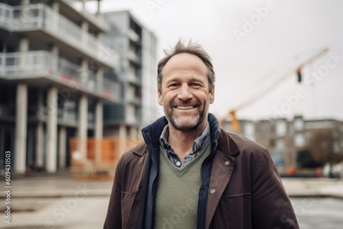 Medium shot portrait photography of a cheerful man in his 40s that is wearing a chic cardigan against a busy construction site with cranes and builders background . Generative AI © Anne-Marie Albrecht