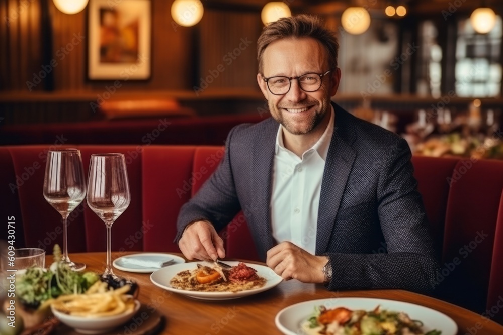 Handsome man having lunch in a restaurant. Handsome young man in a suit and glasses having lunch in a restaurant. Handsome man having lunch in a restaurant. Handsome young man in a suit and glasses having lunch in a restaurant.