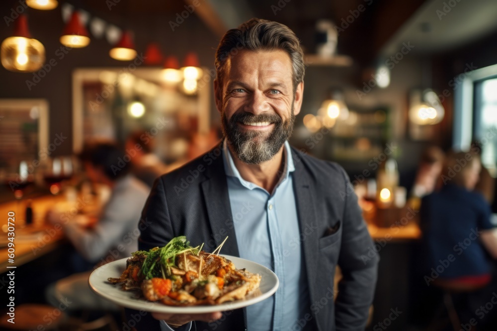 Handsome mature businessman holding a plate with a salad in a restaurant