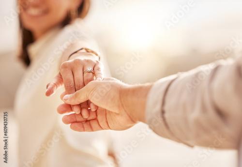 Photos Couple holding hands, engagement and ring, wedding proposal with love and commitment outdoor