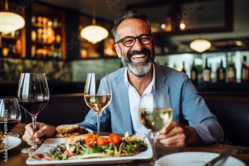 Medium shot portrait photography of a cheerful man in his 40s that is wearing a chic cardigan against a beautifully plated gourmet meal being served background . Generative AI