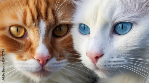 Beautiful cat eye, macro shooting, close up, blue-eyed. Two cats, red and white, golden-eyed generated AI.