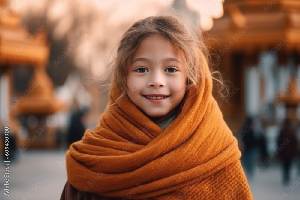 Medium shot portrait photography of a pleased child female that is wearing a charming scarf against a peaceful buddhist temple with monks praying background . Generative AI Medium shot portrait photography of a pleased child female that is wearing a charming scarf against a peaceful buddhist temple with monks praying background . Generative AI