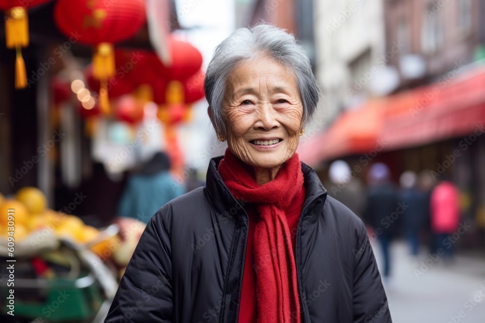 Portrait of asian senior woman walking in the street at chinese lunar new year
