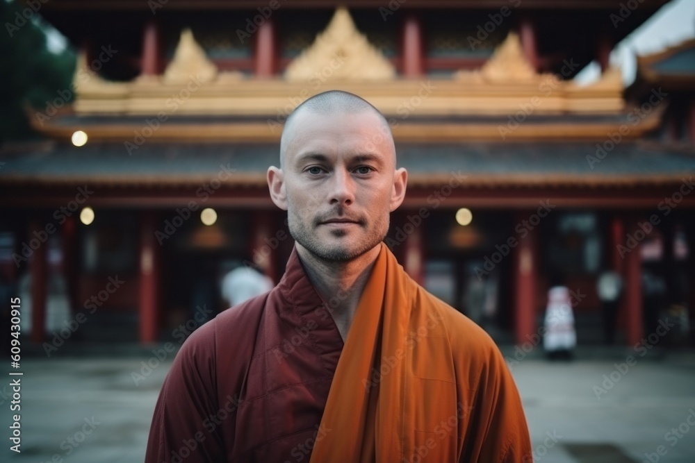 Thoughtful monk with orange robe standing in front of Buddhist temple Thoughtful monk with orange robe standing in front of Buddhist temple