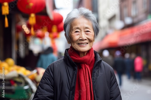 Portrait of asian senior woman walking in the street at chinese lunar new year