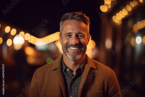 Portrait of handsome mature man in the city at night, smiling.