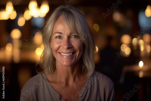 Portrait of happy mature woman smiling at camera in a restaurant.