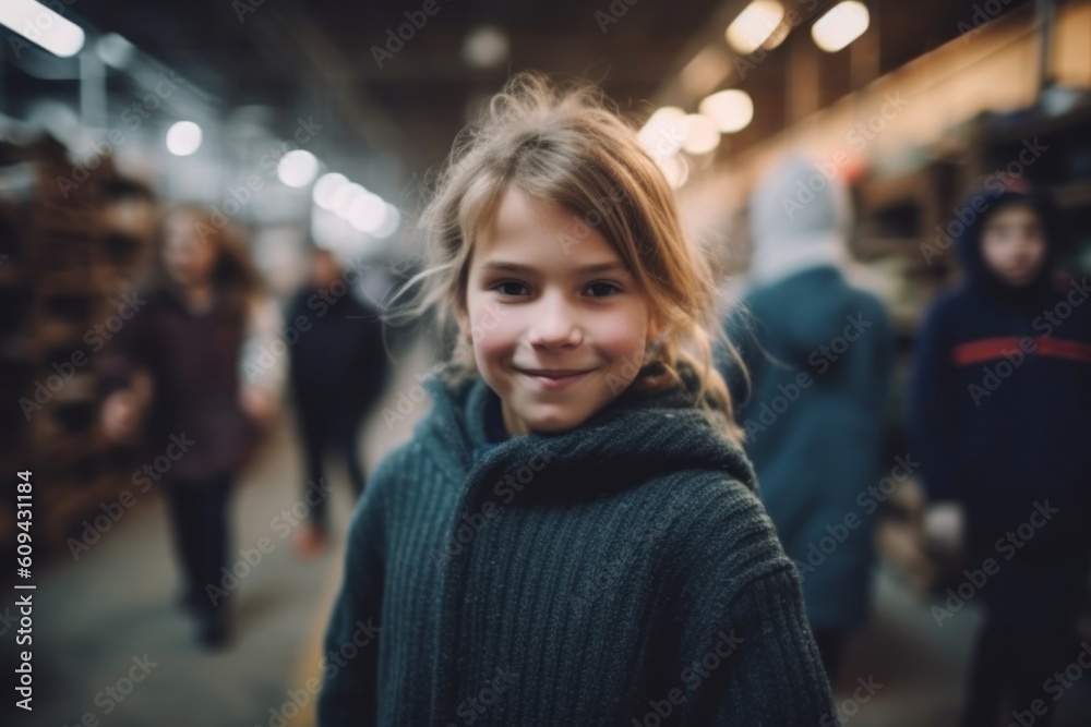 Portrait of a cute little girl in a green sweater on the background of a shopping mall.