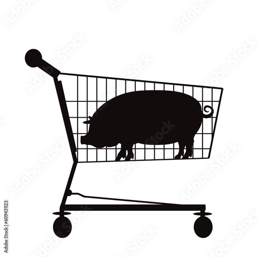 Vector illustration of pig in shopping cart on white background.