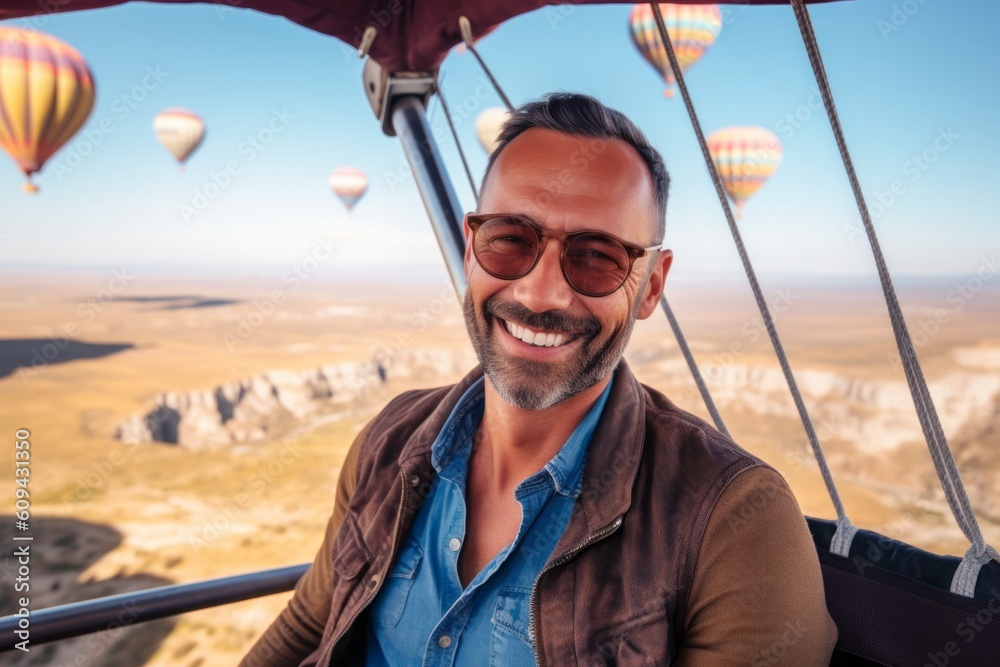 Handsome man enjoying hot air balloon flight in Cappadocia, Turkey Handsome man enjoying hot air balloon flight in Cappadocia, Turkey