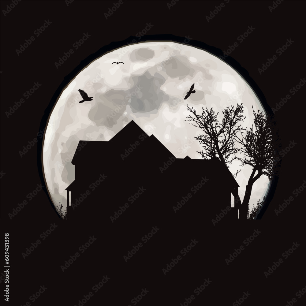 Vector silhouette of house on moon background.