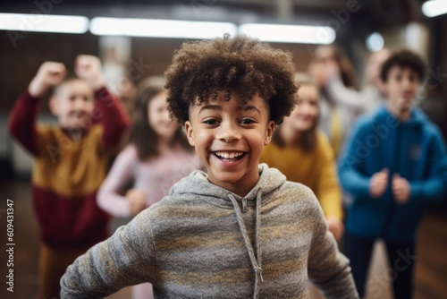 Portrait of smiling african american boy with friends dancing in background