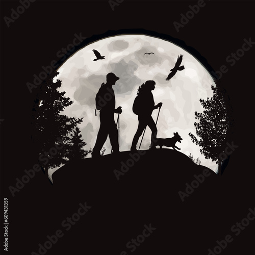 Vector silhouette of couple with nordic walking on moon background. Symbol of night and sport.