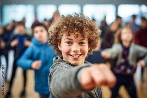 Close-up portrait photography of a grinning child male that is wearing a chic cardigan against an energetic zumba class with participants dancing background . Generative AI