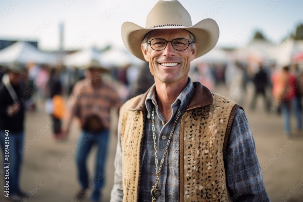 Medium shot portrait photography of a grinning man in his 40s that is wearing a chic cardigan against a rodeo event with cowboys and horses background . Generative AI