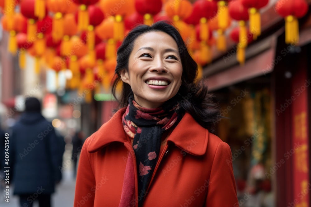 Happy chinese woman in red coat walking in the street with Chinese lanterns Happy chinese woman in red coat walking in the street with Chinese lanterns