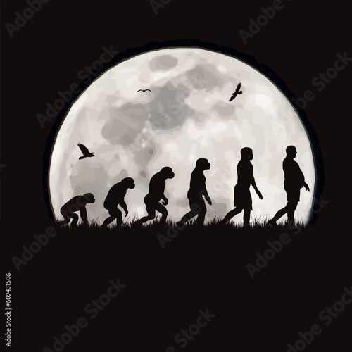 Vector silhouette of evolution on moon background.