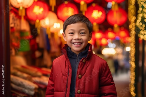 Portrait of a cute little boy in a red coat against the background of Chinese lanterns