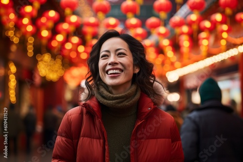 Medium shot portrait photography of a pleased woman in her 30s that is wearing a cozy sweater against a vibrant and bustling chinatown during lunar new year background . Generative AI
