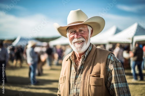 Medium shot portrait photography of a pleased man in his 60s that is wearing a chic cardigan against a rodeo event with cowboys and horses background . Generative AI