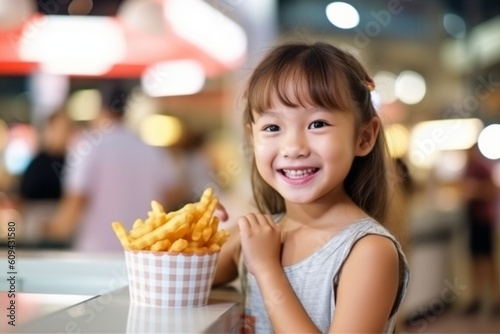 Cute asian little girl eating french fries in a fast food restaurant