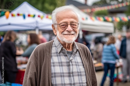 Portrait of happy senior man standing at market stall and looking at camera