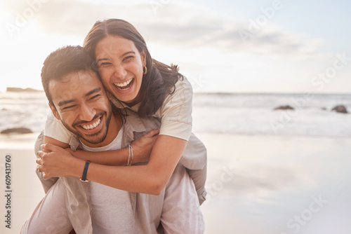 Fotografia Couple, portrait and hug at the beach with happiness on vacation for love with sunshine