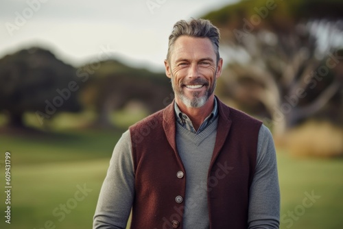 Portrait of smiling mature man standing with arms crossed on golf course