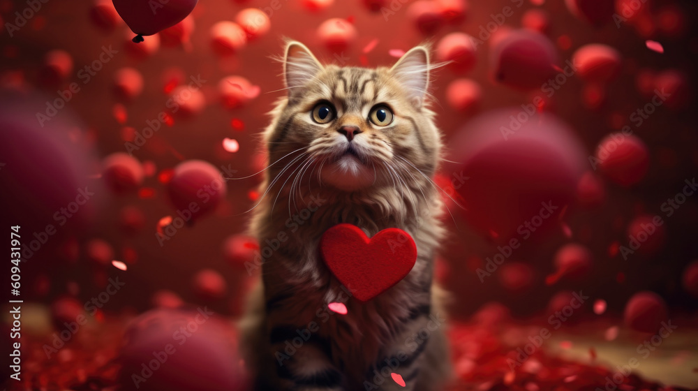 The cat celebrates Valentine's Day, February 14, March 8, love and date. AI generated.