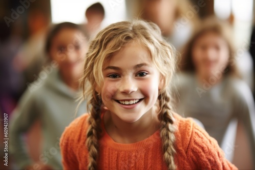 Portrait of cute little girl smiling at camera with her friends in background