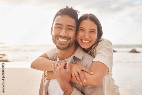 Obraz na płótnie Portrait, hug and couple at the beach with happiness for a vacation in the summer having fun