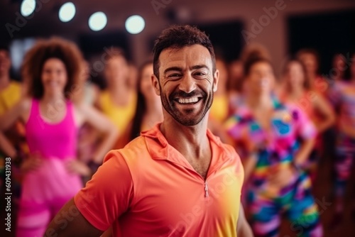Portrait of happy man looking at camera during fitness class in gym