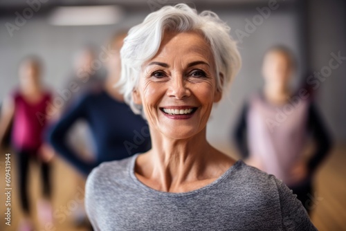 Portrait of smiling senior woman standing in dance class with group of people in background © Anne-Marie Albrecht