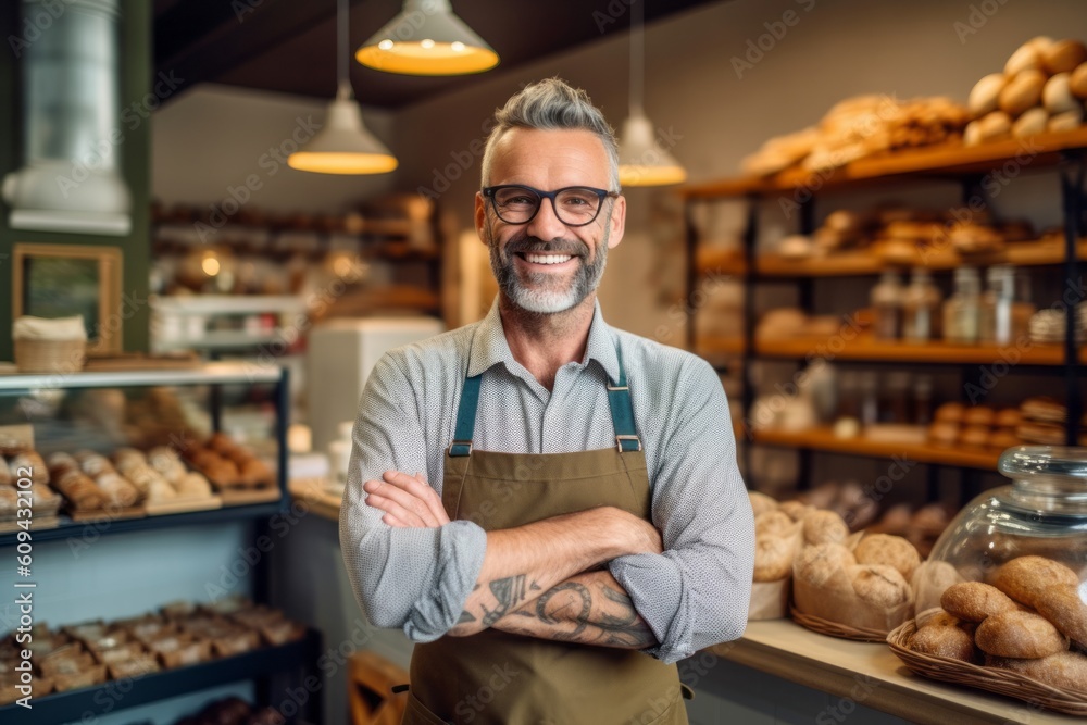 Medium shot portrait photography of a pleased man in his 40s that is wearing a chic cardigan against a busy bakery with freshly baked goods and bakers at work background . Generative AI Medium shot portrait photography of a pleased man in his 40s that is wearing a chic cardigan against a busy bakery with freshly baked goods and bakers at work background . Generative AI