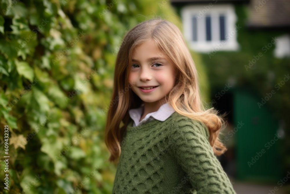 Medium shot portrait photography of a grinning child female that is wearing a chic cardigan against a picturesque vine-covered cottage in the countryside background . Generative AI