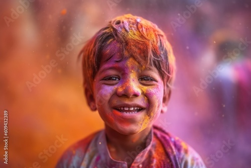 Medium shot portrait photography of a grinning child male that is wearing a chic cardigan against a colorful holi festival celebration with powder thrown background . Generative AI