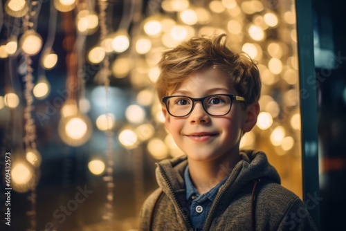 Portrait of a little boy with glasses on the background of Christmas lights.